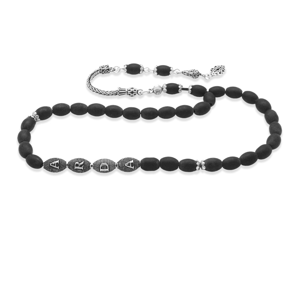 Doğaltaş Mat Oniks Tesbih - 925 Ayar Gümüş Püsküllü - Kişiye Özel İsim Yazılı - Arpa Kesim - 6