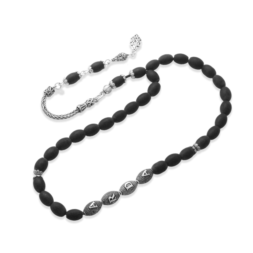 Doğaltaş Mat Oniks Tesbih - 925 Ayar Gümüş Püsküllü - Kişiye Özel İsim Yazılı - Arpa Kesim - 7