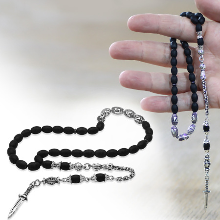 Doğaltaş Mat Oniks Tesbih - Kararmaz Metal Arnavut Püsküllü - Kişiye Özel İsim Yazılı - Arpa Kesim - Tesbihane