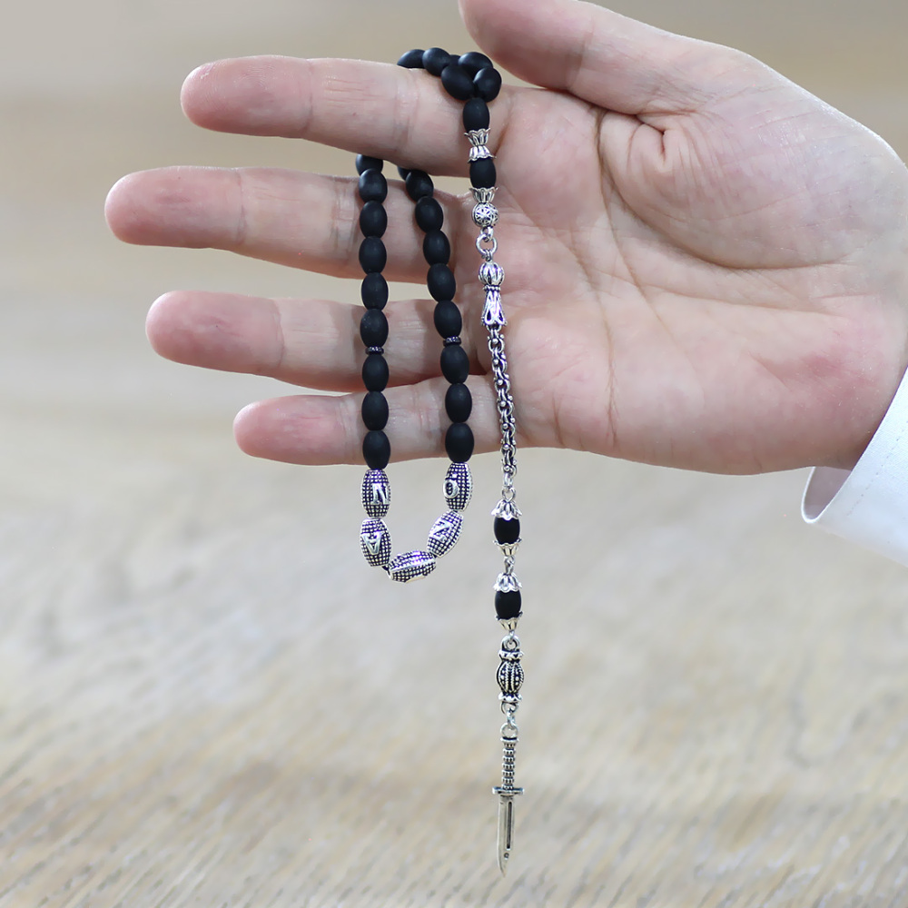 Doğaltaş Mat Oniks Tesbih - Kararmaz Metal Arnavut Püsküllü - Kişiye Özel İsim Yazılı - Arpa Kesim - 2