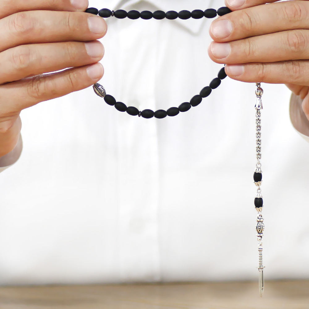 Doğaltaş Mat Oniks Tesbih - Kararmaz Metal Arnavut Püsküllü - Kişiye Özel İsim Yazılı - Arpa Kesim - 3