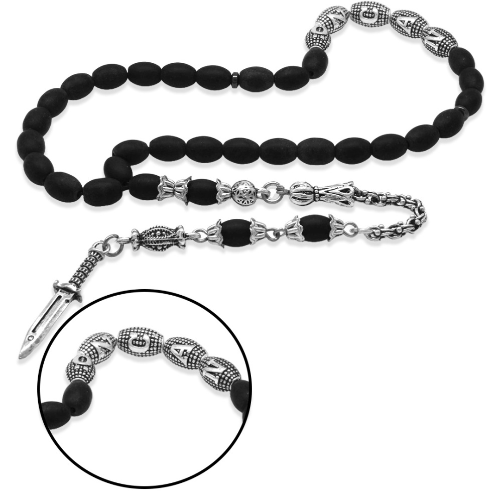 Doğaltaş Mat Oniks Tesbih - Kararmaz Metal Arnavut Püsküllü - Kişiye Özel İsim Yazılı - Arpa Kesim - 4