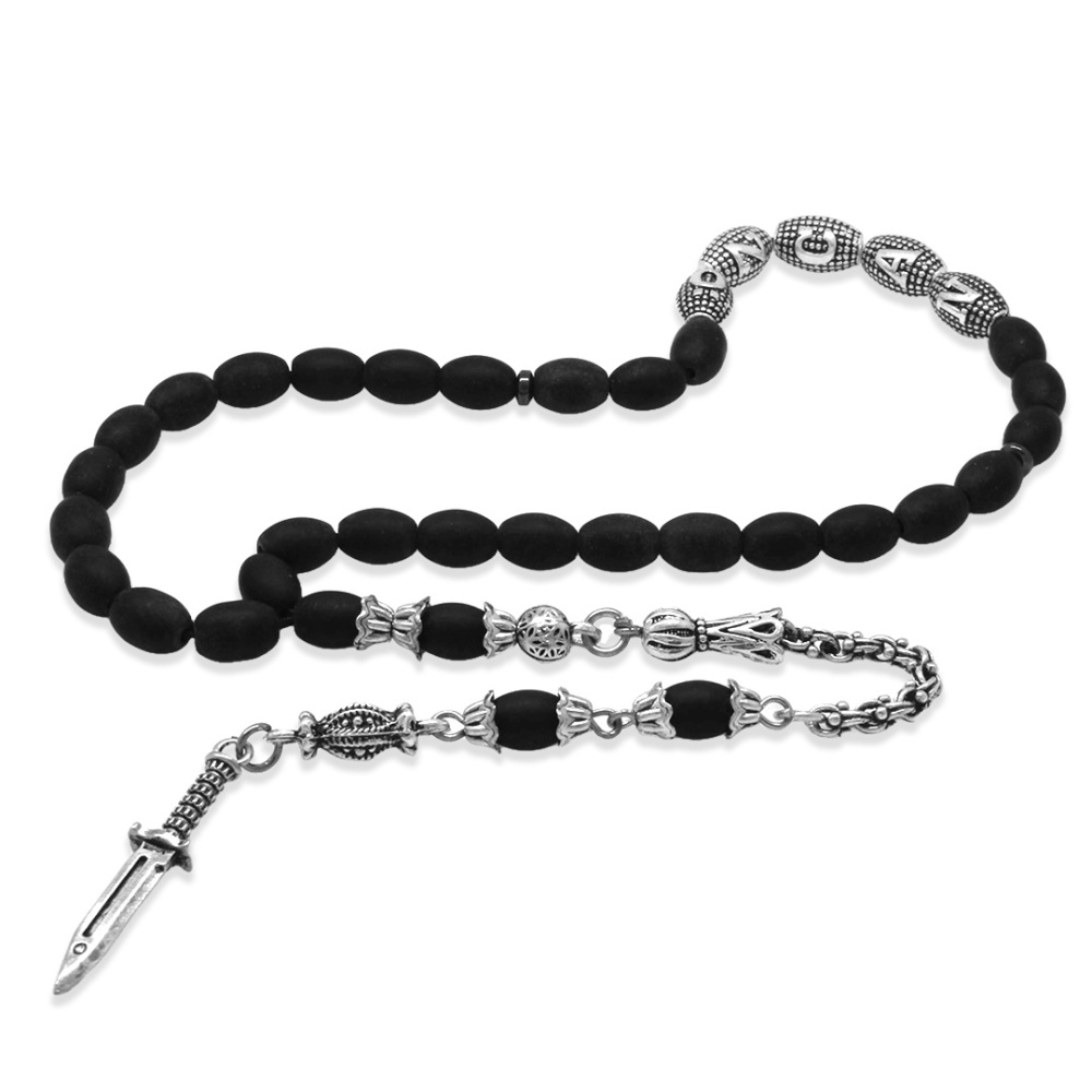 Doğaltaş Mat Oniks Tesbih - Kararmaz Metal Arnavut Püsküllü - Kişiye Özel İsim Yazılı - Arpa Kesim - 5