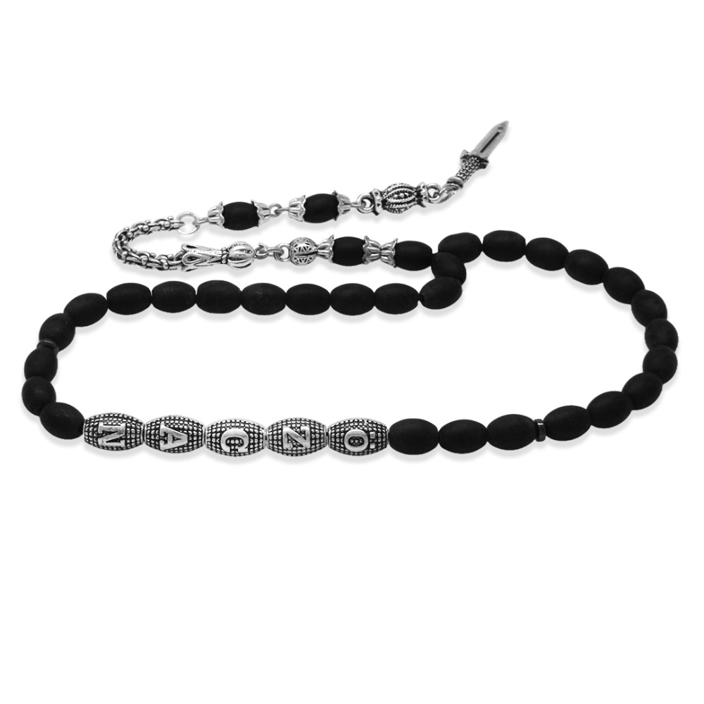 Doğaltaş Mat Oniks Tesbih - Kararmaz Metal Arnavut Püsküllü - Kişiye Özel İsim Yazılı - Arpa Kesim - 6