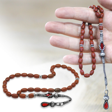 Doğaltaş Opal Tesbih - 1000 Ayar Gümüş Kazaz Püsküllü - Kırmızı Renk - Arpa Kesim - Tesbihane