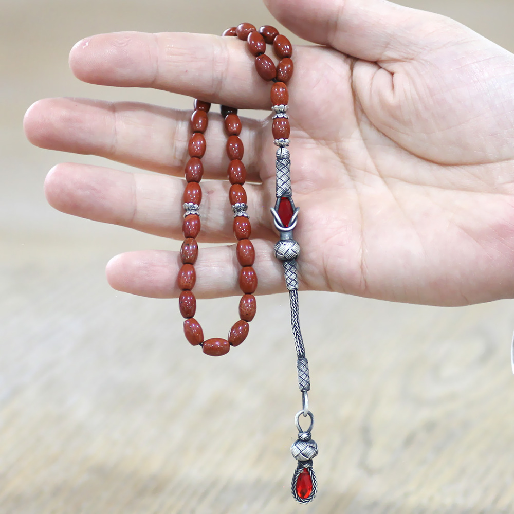 Doğaltaş Opal Tesbih - 1000 Ayar Gümüş Kazaz Püsküllü - Kırmızı Renk - Arpa Kesim - 2