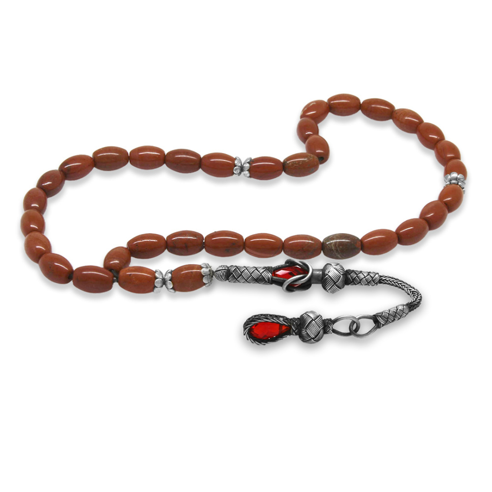 Doğaltaş Opal Tesbih - 1000 Ayar Gümüş Kazaz Püsküllü - Kırmızı Renk - Arpa Kesim - 4