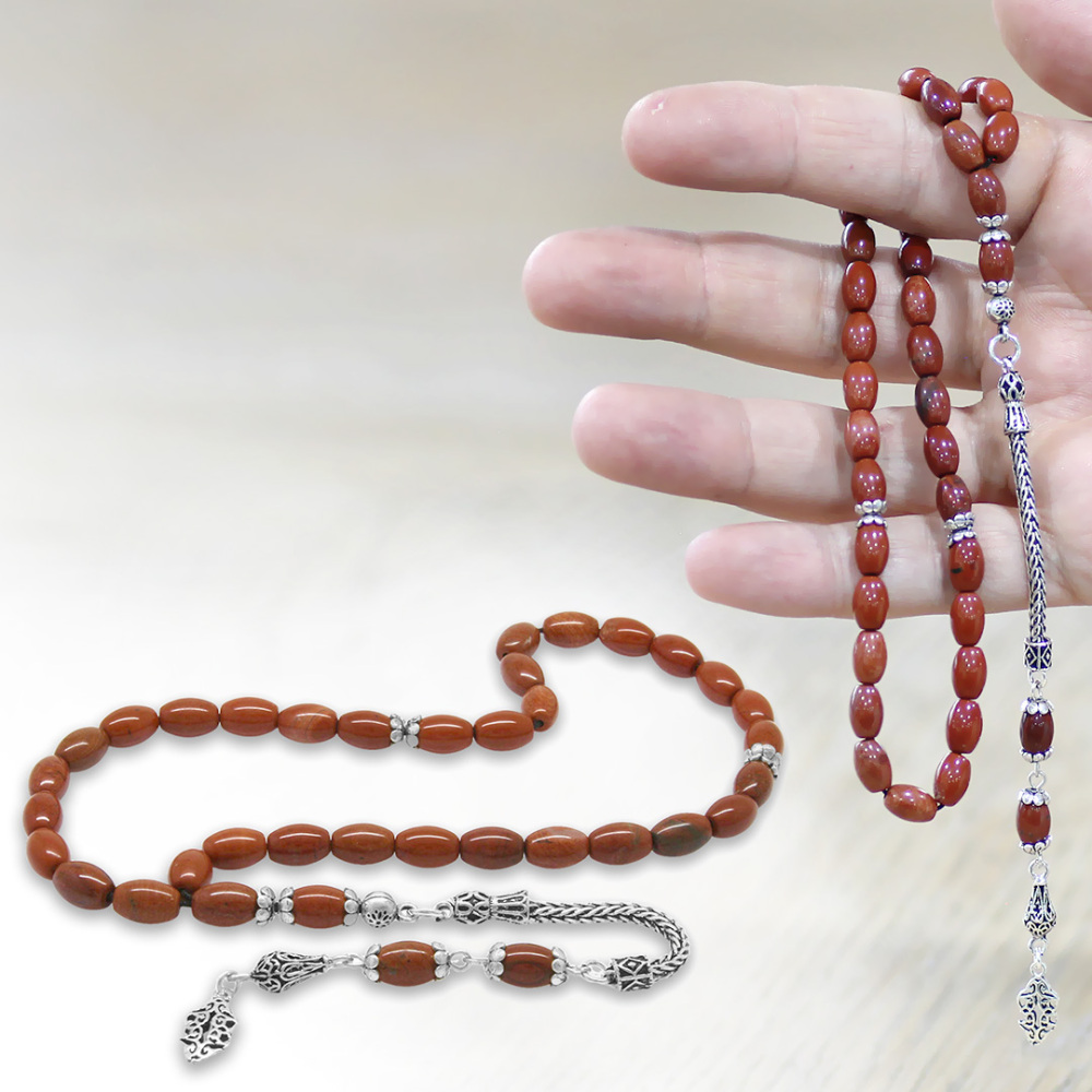 Doğaltaş Opal Tesbih - 925 Ayar Gümüş Püsküllü - Kırmızı Renk - Arpa Kesim - 1