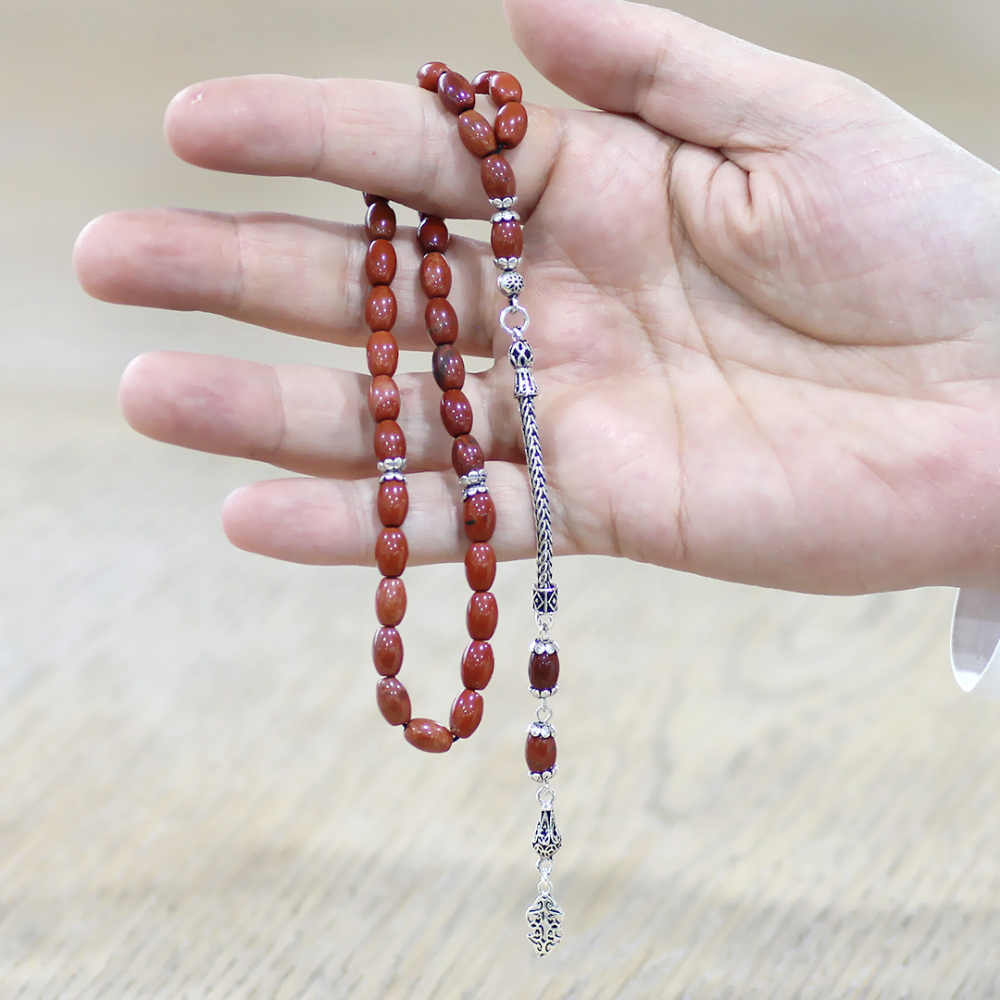 Doğaltaş Opal Tesbih - 925 Ayar Gümüş Püsküllü - Kırmızı Renk - Arpa Kesim - 2