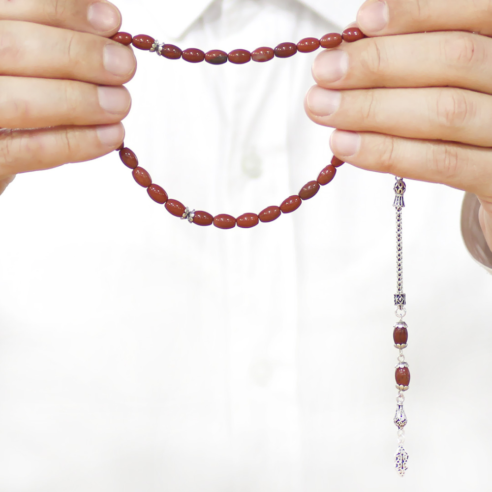 Doğaltaş Opal Tesbih - 925 Ayar Gümüş Püsküllü - Kırmızı Renk - Arpa Kesim - 3