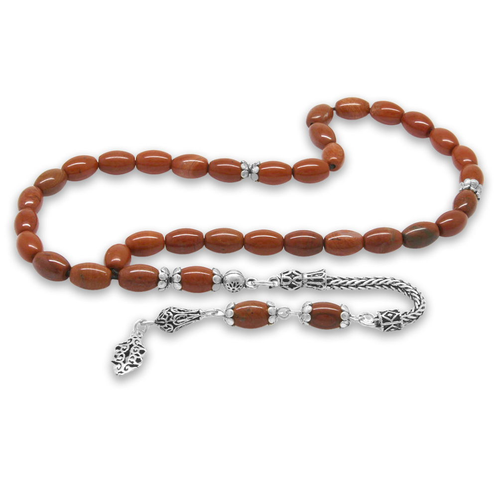 Doğaltaş Opal Tesbih - 925 Ayar Gümüş Püsküllü - Kırmızı Renk - Arpa Kesim - 4