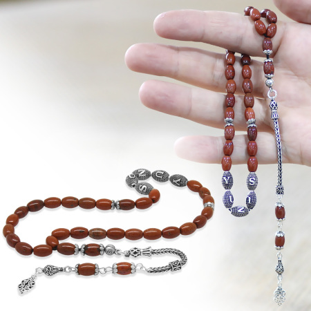 Doğaltaş Opal Tesbih - 925 Ayar Gümüş Püsküllü - Kişiye Özel İsim Yazılı - Kırmızı Renk - Arpa Kesim - Tesbihane