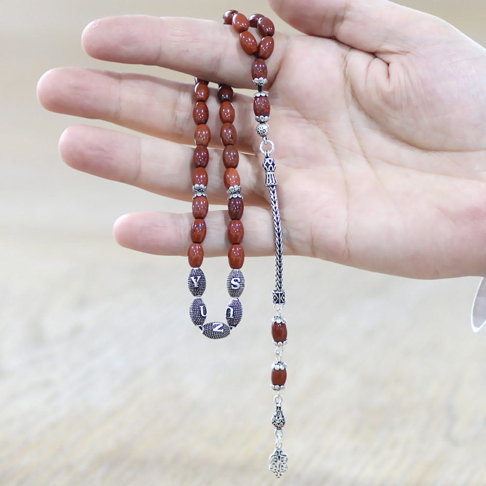 Doğaltaş Opal Tesbih - 925 Ayar Gümüş Püsküllü - Kişiye Özel İsim Yazılı - Kırmızı Renk - Arpa Kesim - 2