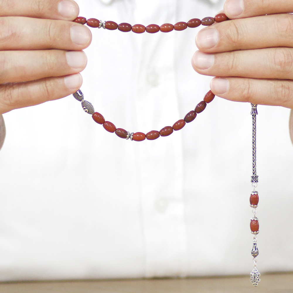 Doğaltaş Opal Tesbih - 925 Ayar Gümüş Püsküllü - Kişiye Özel İsim Yazılı - Kırmızı Renk - Arpa Kesim - 3