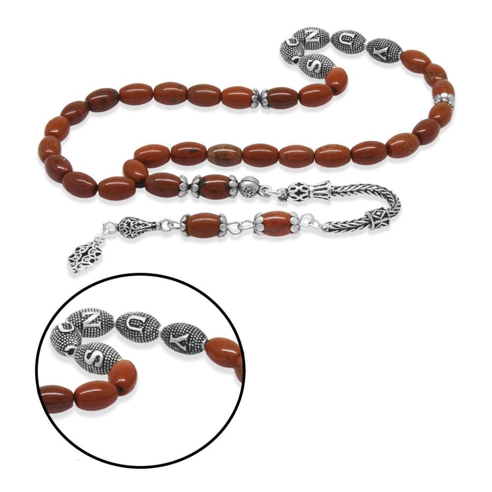 Doğaltaş Opal Tesbih - 925 Ayar Gümüş Püsküllü - Kişiye Özel İsim Yazılı - Kırmızı Renk - Arpa Kesim - 4