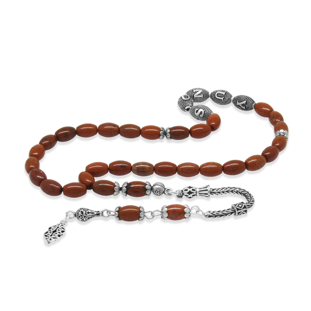 Doğaltaş Opal Tesbih - 925 Ayar Gümüş Püsküllü - Kişiye Özel İsim Yazılı - Kırmızı Renk - Arpa Kesim - 5