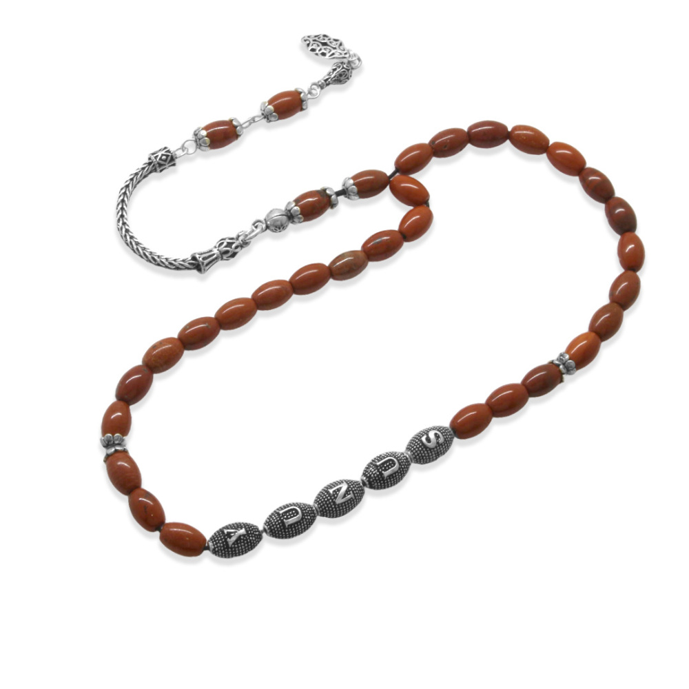 Doğaltaş Opal Tesbih - 925 Ayar Gümüş Püsküllü - Kişiye Özel İsim Yazılı - Kırmızı Renk - Arpa Kesim - 6