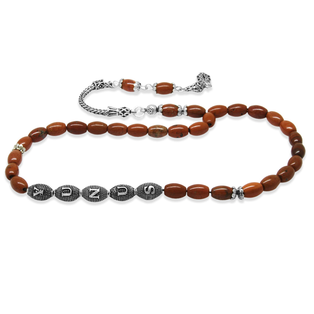 Doğaltaş Opal Tesbih - 925 Ayar Gümüş Püsküllü - Kişiye Özel İsim Yazılı - Kırmızı Renk - Arpa Kesim - 7