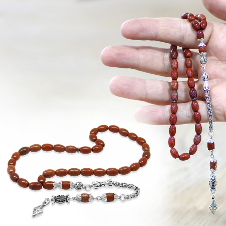 Doğaltaş Opal Tesbih - Kararmaz Metal Arnavut Zincir Püsküllü - Kırmızı Renk - Arpa Kesim - Tesbihane