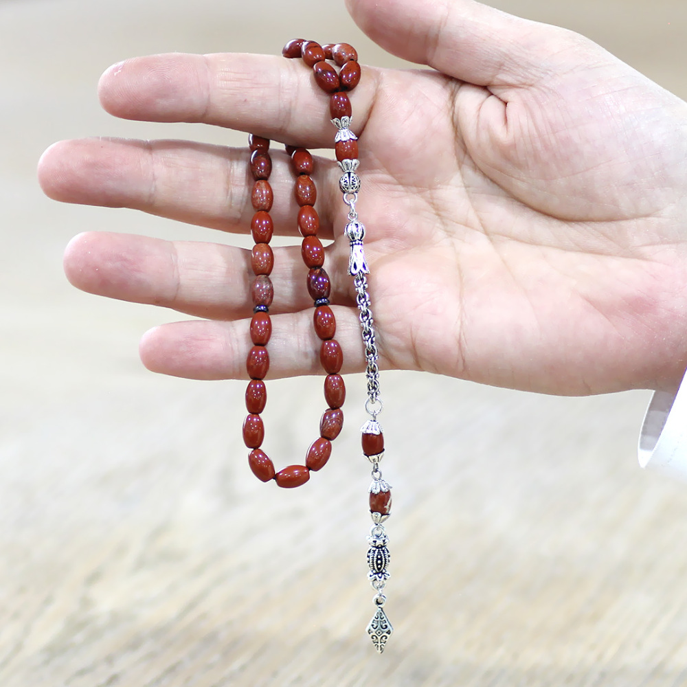 Doğaltaş Opal Tesbih - Kararmaz Metal Arnavut Zincir Püsküllü - Kırmızı Renk - Arpa Kesim - 2