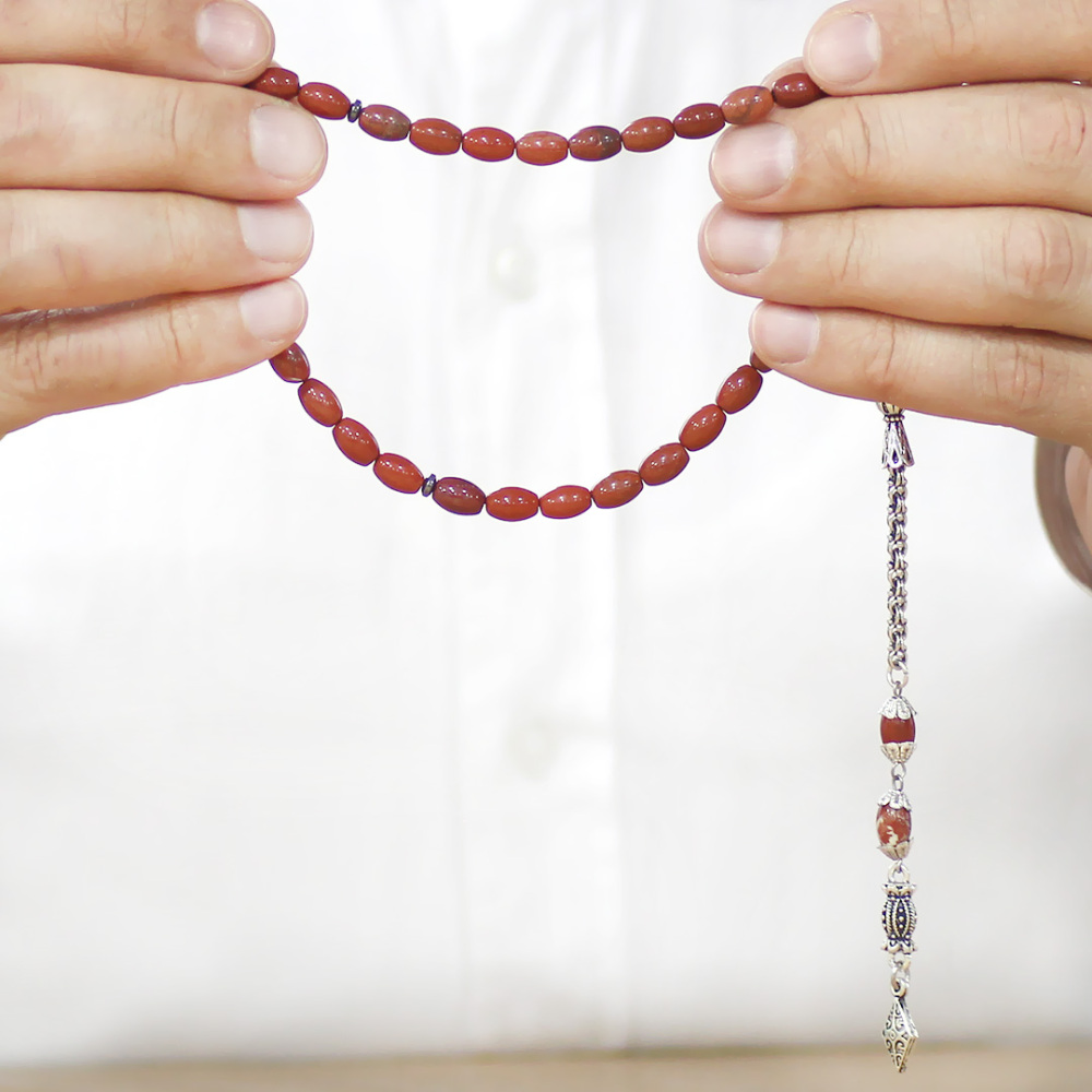 Doğaltaş Opal Tesbih - Kararmaz Metal Arnavut Zincir Püsküllü - Kırmızı Renk - Arpa Kesim - 3