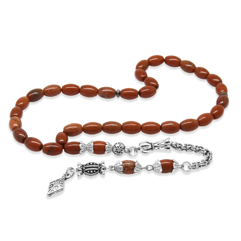 Doğaltaş Opal Tesbih - Kararmaz Metal Arnavut Zincir Püsküllü - Kırmızı Renk - Arpa Kesim - 4