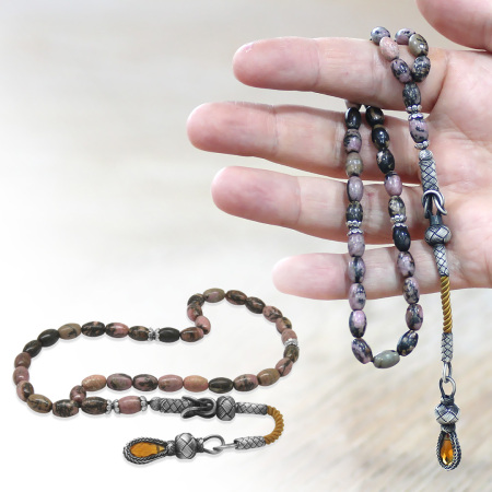 Doğaltaş Rodonit Tesbih - 1000 Ayar Gümüş Kazaz Püsküllü - Kahverengi Siyah Renk - Arpa Kesim - Tesbihane