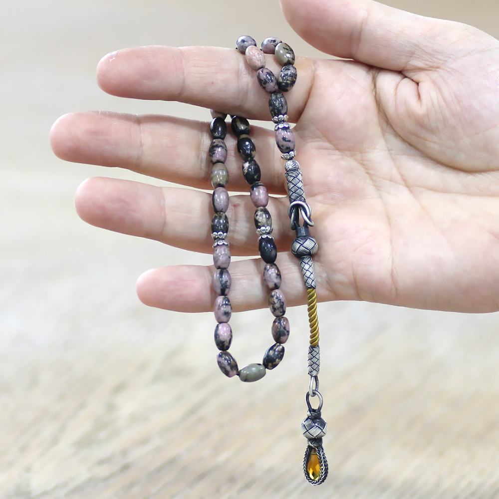 Doğaltaş Rodonit Tesbih - 1000 Ayar Gümüş Kazaz Püsküllü - Kahverengi Siyah Renk - Arpa Kesim - 2