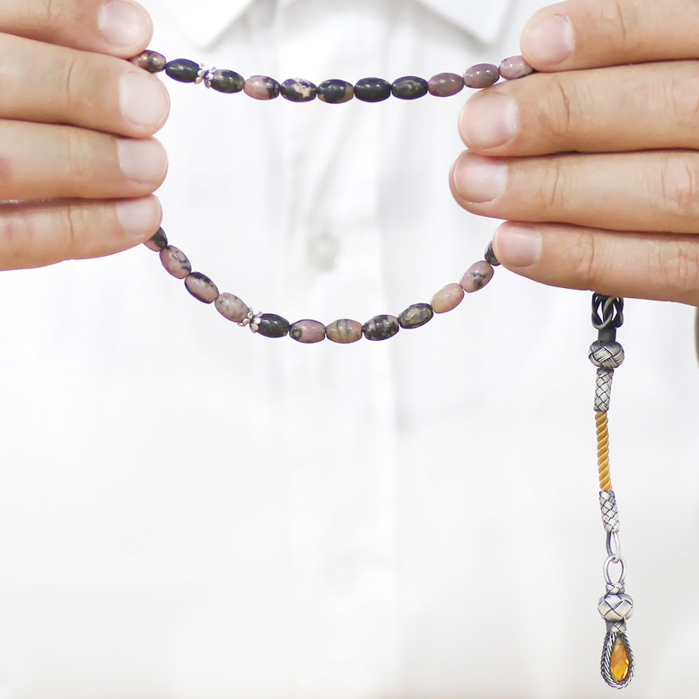 Doğaltaş Rodonit Tesbih - 1000 Ayar Gümüş Kazaz Püsküllü - Kahverengi Siyah Renk - Arpa Kesim - 3