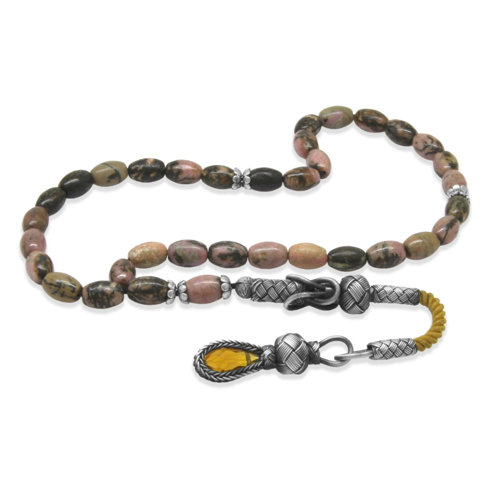 Doğaltaş Rodonit Tesbih - 1000 Ayar Gümüş Kazaz Püsküllü - Kahverengi Siyah Renk - Arpa Kesim - 4