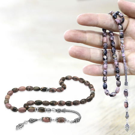 Doğaltaş Rodonit Tesbih - 925 Ayar Gümüş Püsküllü - Kahverengi Siyah Renk - Arpa Kesim - Tesbihane