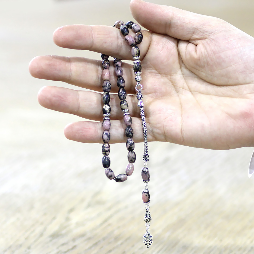 Doğaltaş Rodonit Tesbih - 925 Ayar Gümüş Püsküllü - Kahverengi Siyah Renk - Arpa Kesim - 2