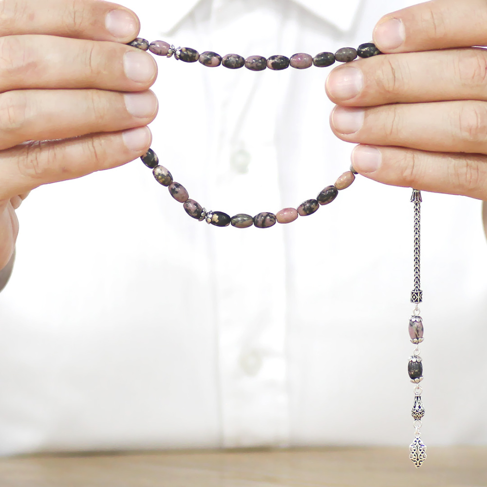 Doğaltaş Rodonit Tesbih - 925 Ayar Gümüş Püsküllü - Kahverengi Siyah Renk - Arpa Kesim - 3