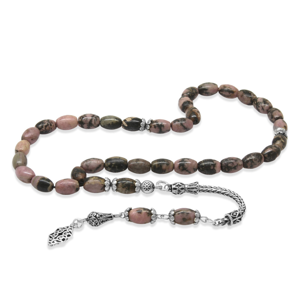 Doğaltaş Rodonit Tesbih - 925 Ayar Gümüş Püsküllü - Kahverengi Siyah Renk - Arpa Kesim - 4