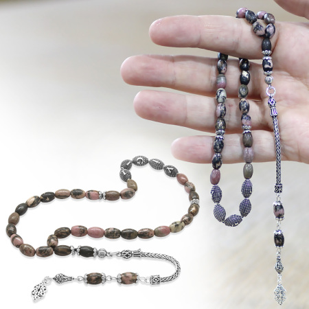 Doğaltaş Rodonit Tesbih - 925 Ayar Gümüş Püsküllü - Kişiye Özel İsim Yazılı - Arpa Kesim - Tesbihane