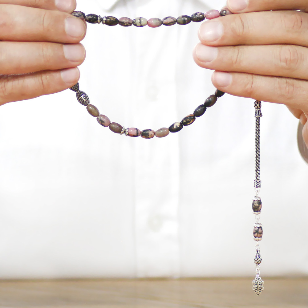 Doğaltaş Rodonit Tesbih - 925 Ayar Gümüş Püsküllü - Kişiye Özel İsim Yazılı - Arpa Kesim - 3