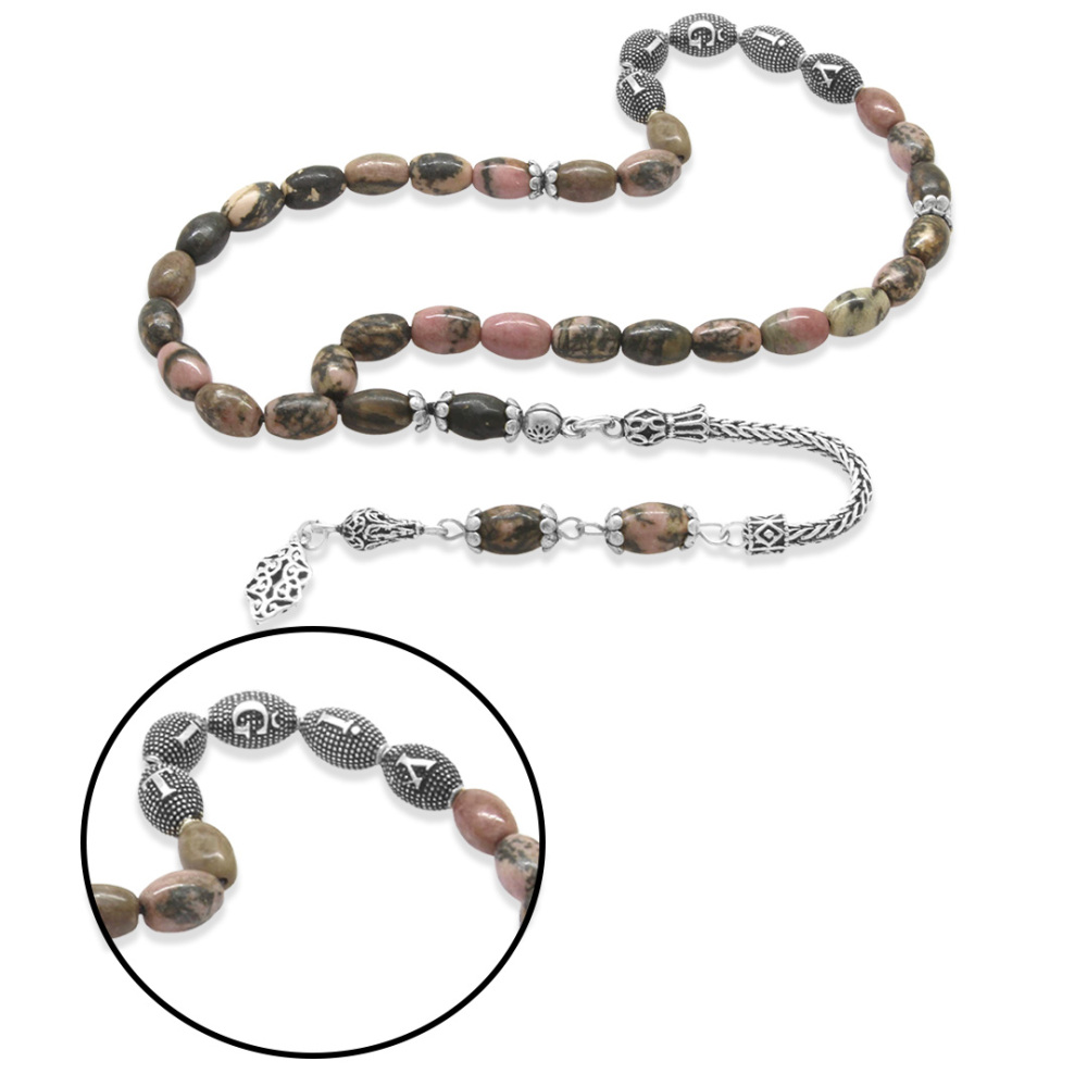 Doğaltaş Rodonit Tesbih - 925 Ayar Gümüş Püsküllü - Kişiye Özel İsim Yazılı - Arpa Kesim - 4