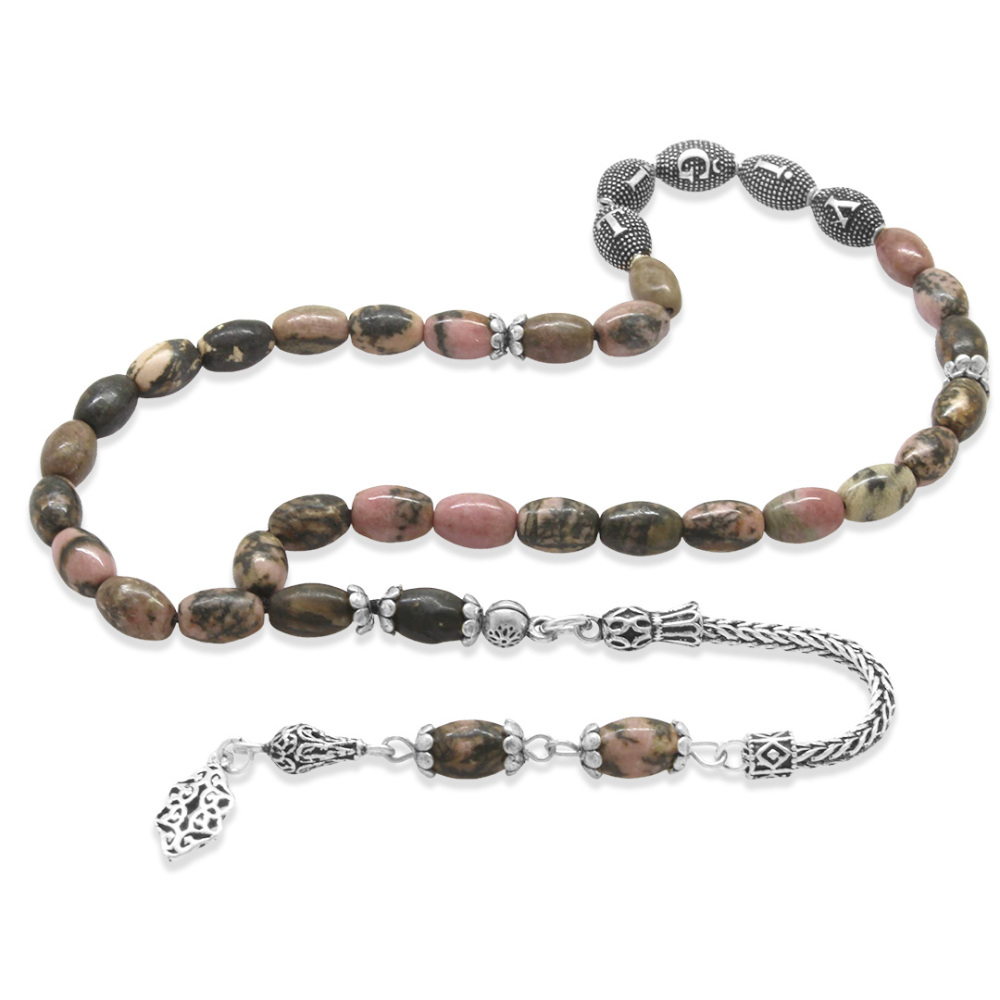 Doğaltaş Rodonit Tesbih - 925 Ayar Gümüş Püsküllü - Kişiye Özel İsim Yazılı - Arpa Kesim - 5