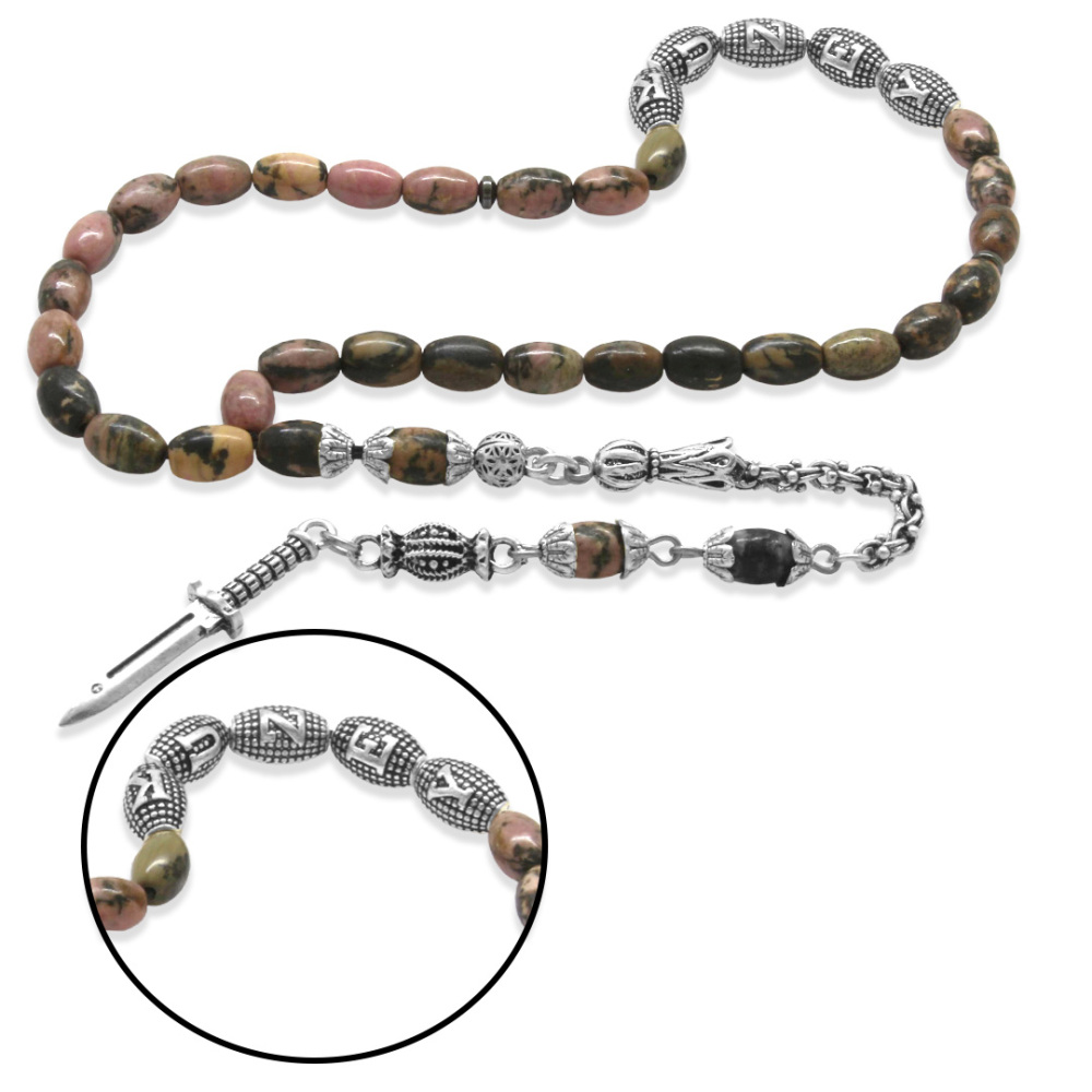 Doğaltaş Rodonit Tesbih - Kararmaz Metal Arnavut Püsküllü - Kişiye Özel İsim Yazılı - Arpa Kesim - 4