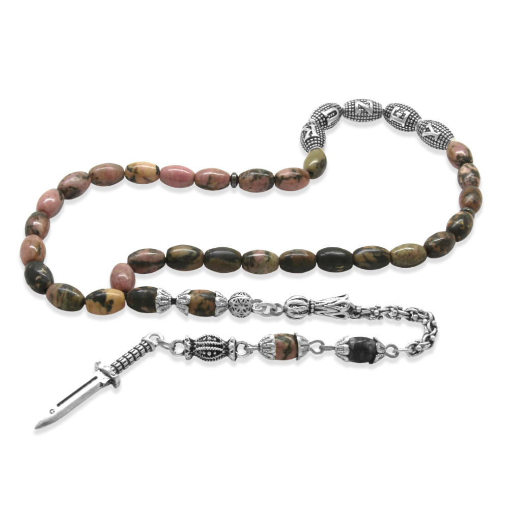 Doğaltaş Rodonit Tesbih - Kararmaz Metal Arnavut Püsküllü - Kişiye Özel İsim Yazılı - Arpa Kesim - 5