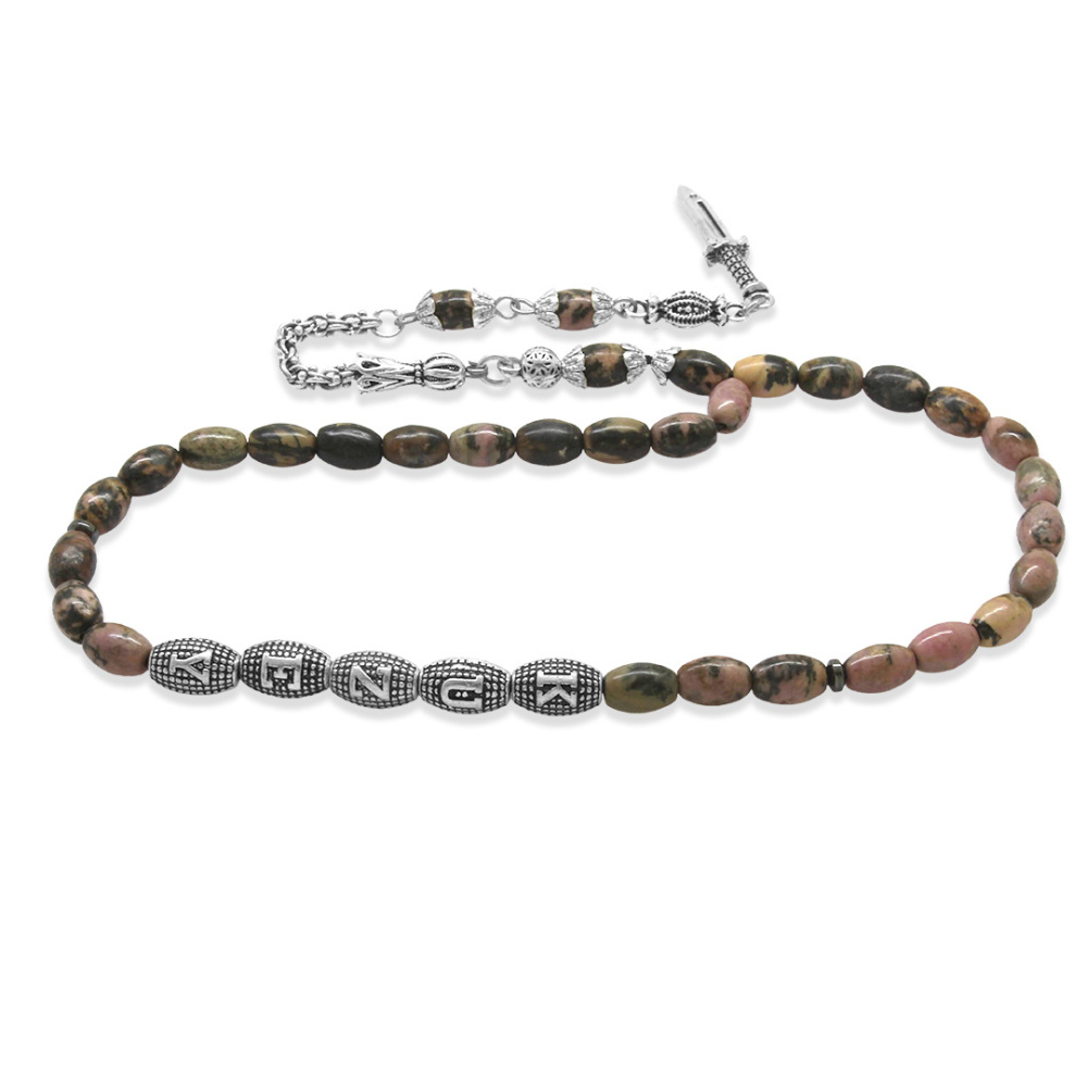 Doğaltaş Rodonit Tesbih - Kararmaz Metal Arnavut Püsküllü - Kişiye Özel İsim Yazılı - Arpa Kesim - 6