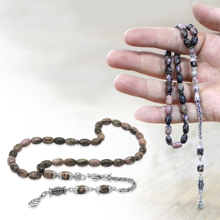 Doğaltaş Rodonit Tesbih - Kararmaz Metal Arnavut Zincir Püsküllü - Kahverengi Siyah - Arpa Kesim - Tesbihane