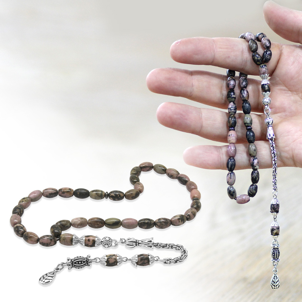 Doğaltaş Rodonit Tesbih - Kararmaz Metal Arnavut Zincir Püsküllü - Kahverengi Siyah - Arpa Kesim - 1
