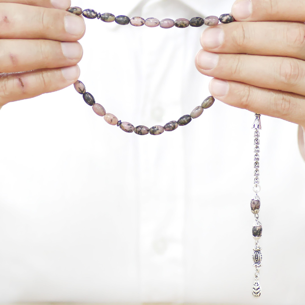 Doğaltaş Rodonit Tesbih - Kararmaz Metal Arnavut Zincir Püsküllü - Kahverengi Siyah - Arpa Kesim - 3