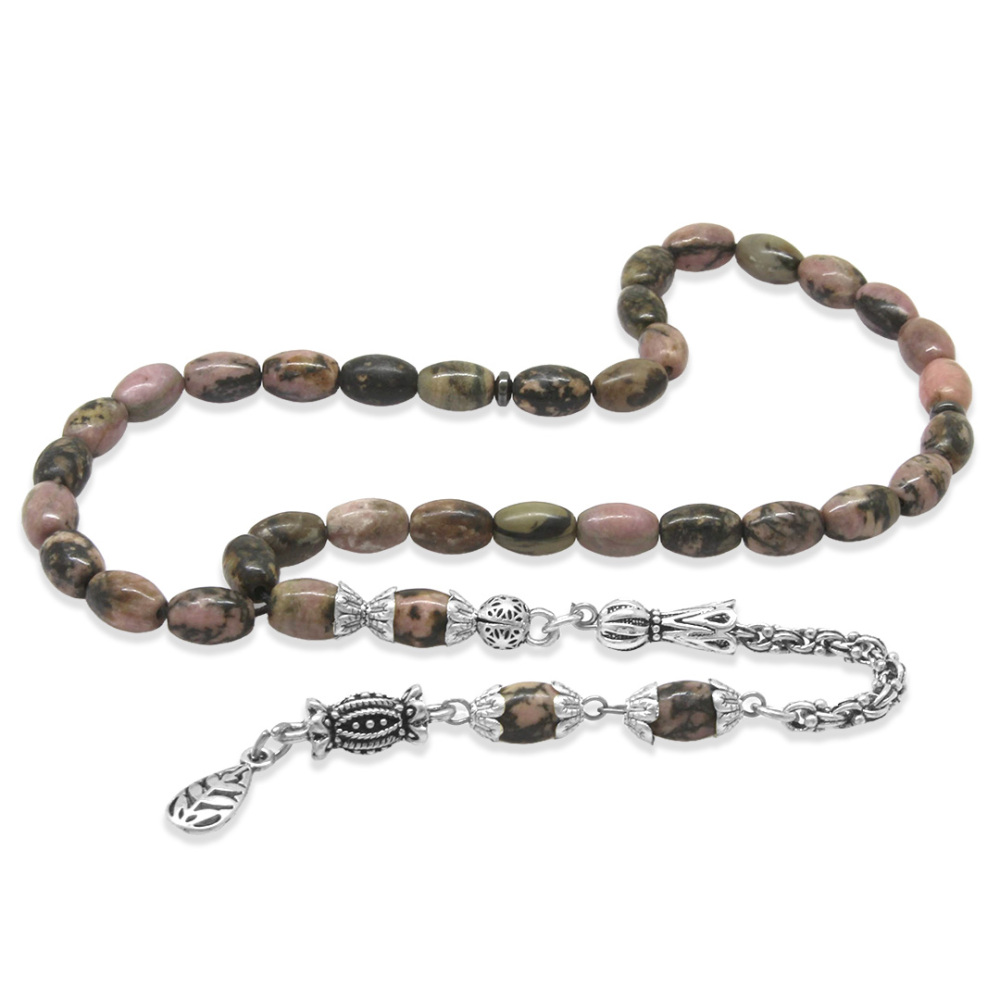 Doğaltaş Rodonit Tesbih - Kararmaz Metal Arnavut Zincir Püsküllü - Kahverengi Siyah - Arpa Kesim - 4