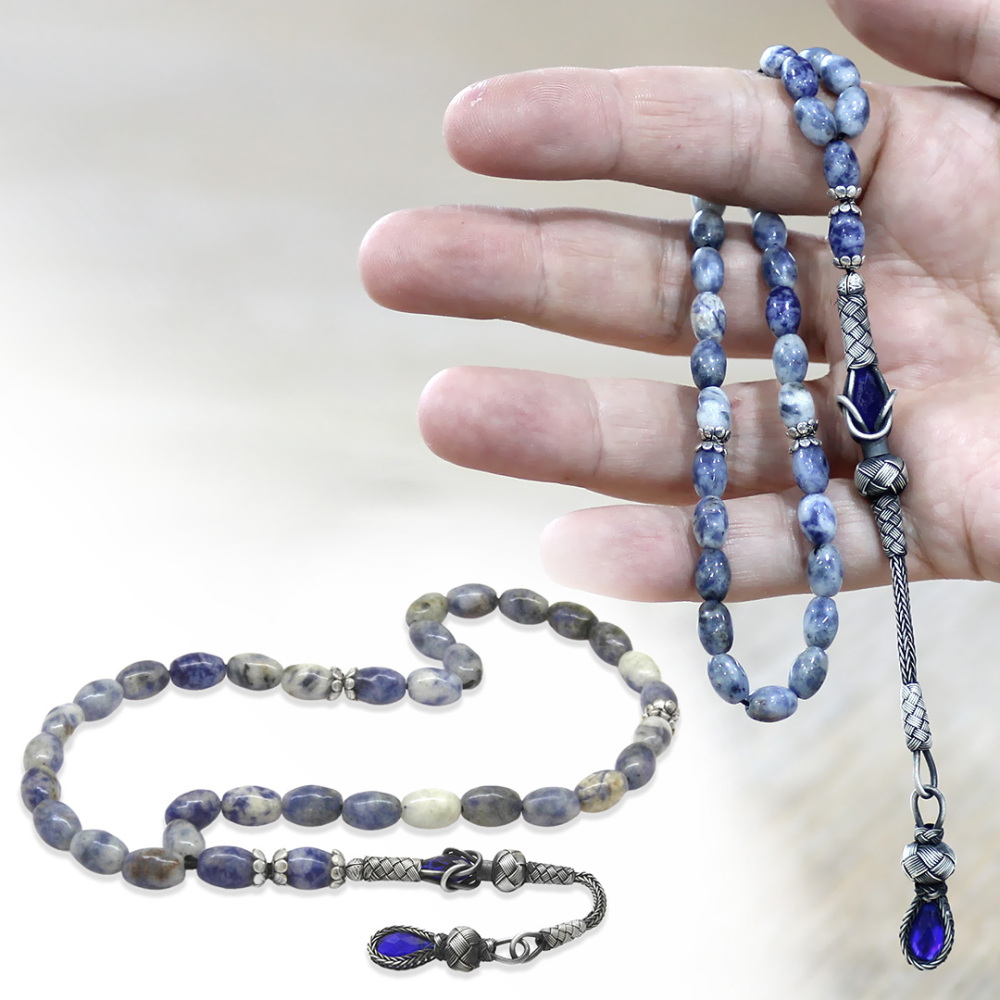 Doğaltaş Sodalit Tesbih - 1000 Ayar Gümüş Kazaz Püsküllü - Mavi Beyaz Renk - Arpa Kesim - 1