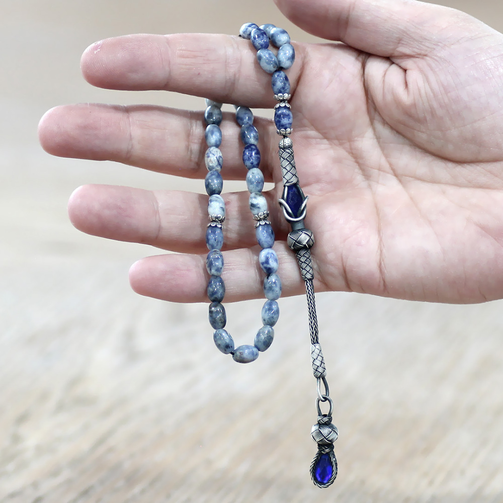 Doğaltaş Sodalit Tesbih - 1000 Ayar Gümüş Kazaz Püsküllü - Mavi Beyaz Renk - Arpa Kesim - 2