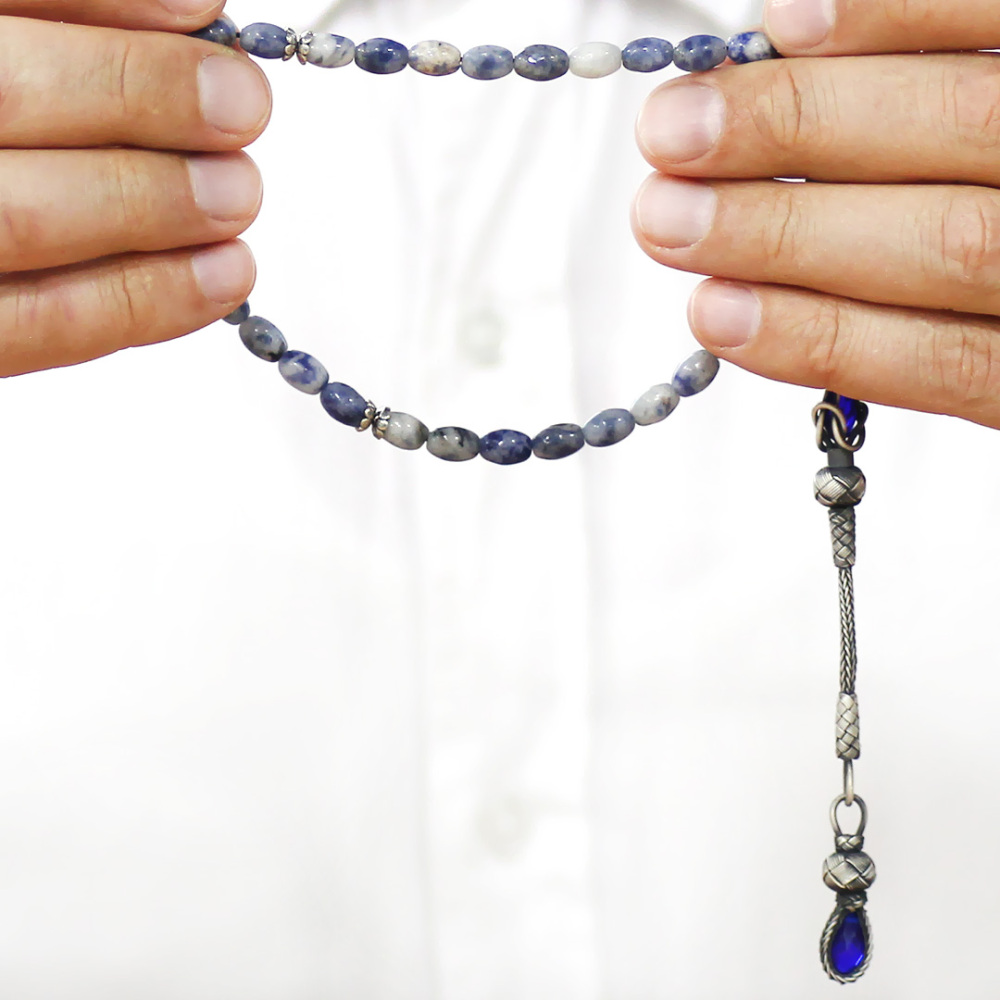 Doğaltaş Sodalit Tesbih - 1000 Ayar Gümüş Kazaz Püsküllü - Mavi Beyaz Renk - Arpa Kesim - 3