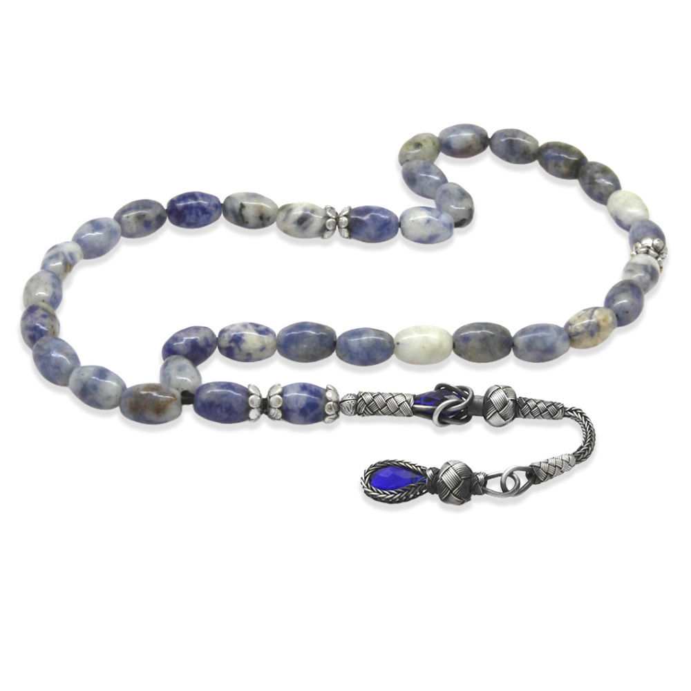 Doğaltaş Sodalit Tesbih - 1000 Ayar Gümüş Kazaz Püsküllü - Mavi Beyaz Renk - Arpa Kesim - 4
