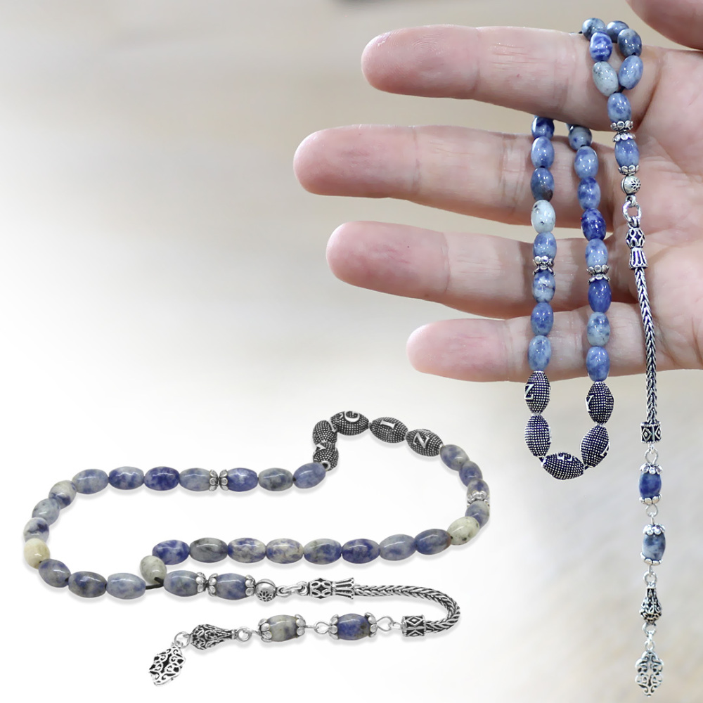 Doğaltaş Sodalit Tesbih - 925 Ayar Gümüş Püsküllü - Kişiye Özel İsim Yazılı - Arpa Kesim - 1